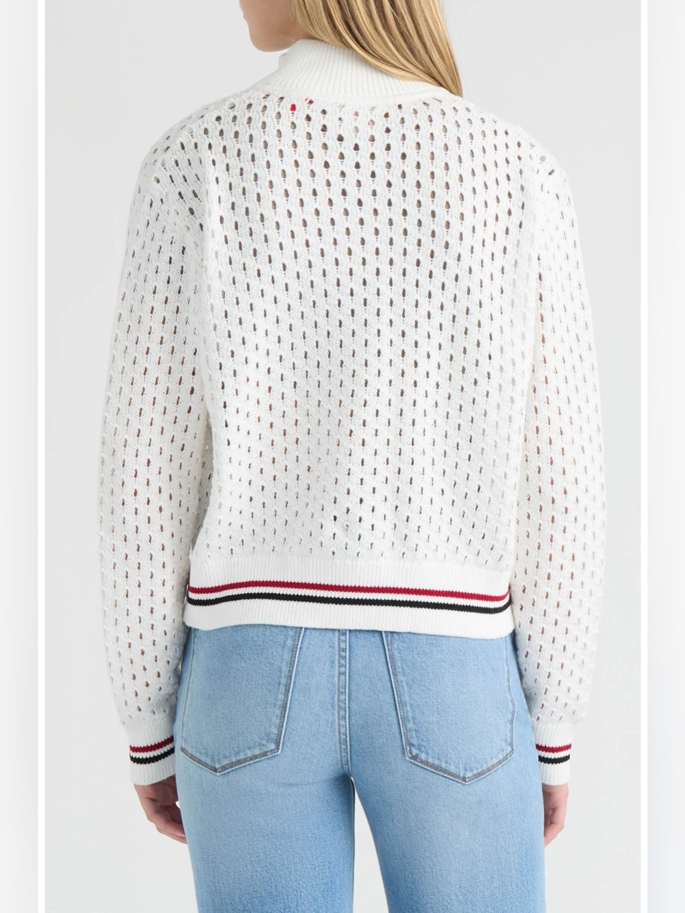 Hunter Women's White Cropped Openwork Bomber Jacket White with Red & Black Trim - Picture 3 of 12